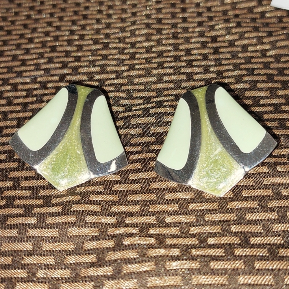 Vintage Clip On Earrings Green Enamel